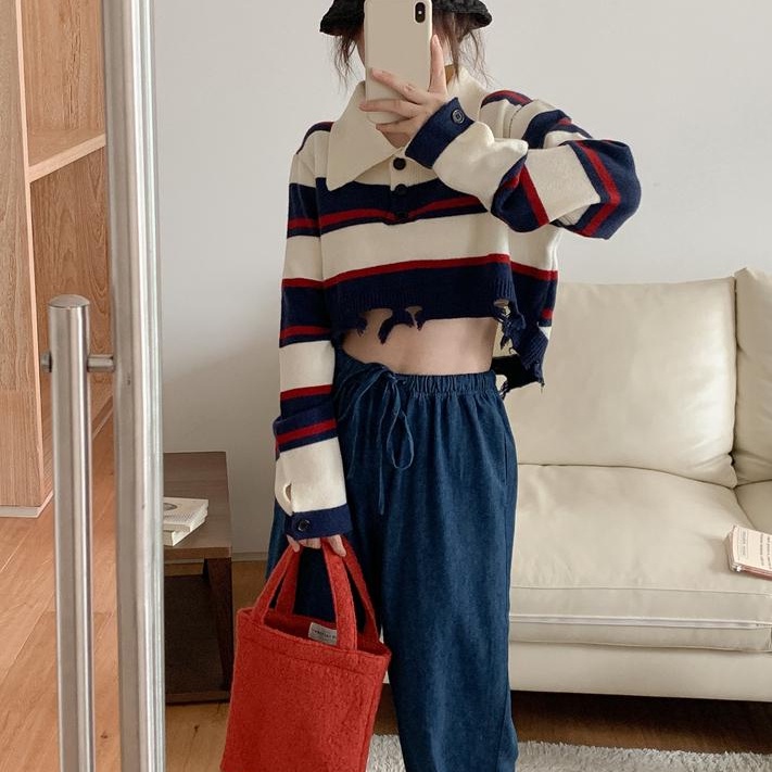 SUXI Áo Sweater Dệt Kim Tay Dài Hở Rốn Thời Trang Thu Đông Phong Cách Vintage