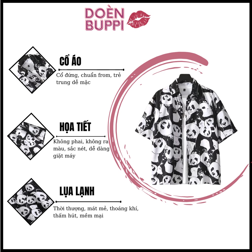 Áo sơ mi ngắn tay unisex nam nữ, cổ đứng, vải lụa lạnh nhập khẩu thoáng mát, TRẮNG HÌNH GẤU TRÚC - DOÈNBUPPI Shirt