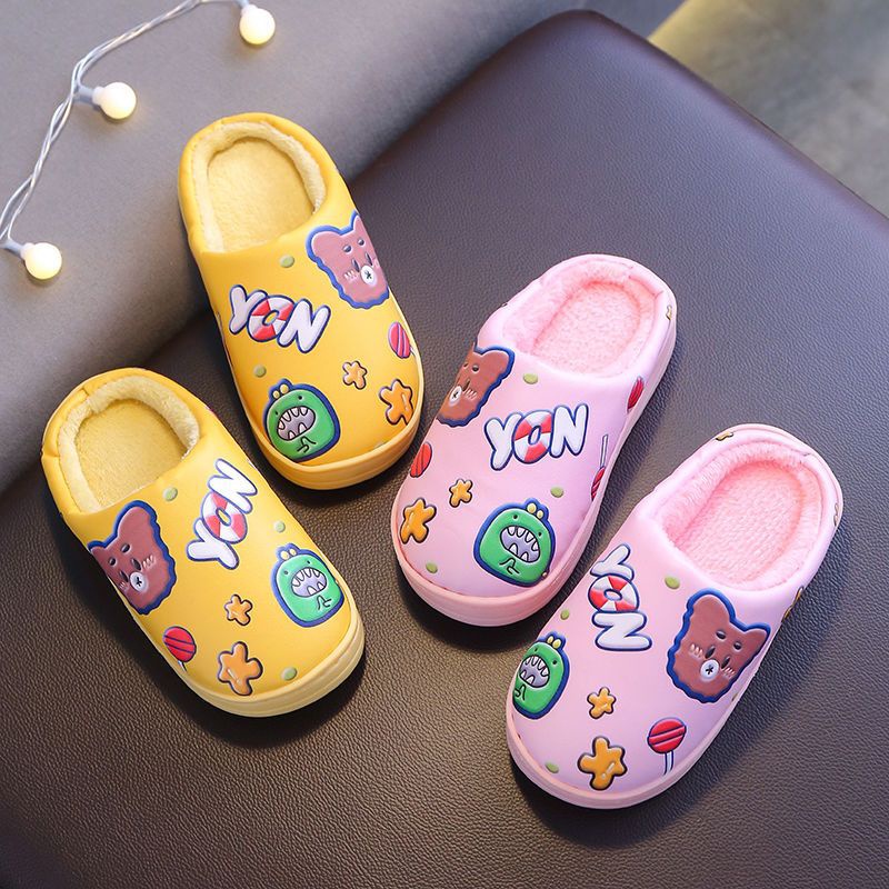 AMILA Dép Đi Trong Nhà Bằng Da PU Lót Cotton Giữ Ấm Chống Trượt Chống Thấm Nước In Hoạt Hình Dễ Thương Cho Bé