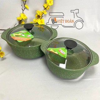 Nồi đúc nguyên khối vân đá CHỐNG DÍNH , NẮP KÍNH , Sử dụng được BẾP TỪ size 18, 20 cm. Dùng nấu lẩu, cơm trộn, mì cay Hà