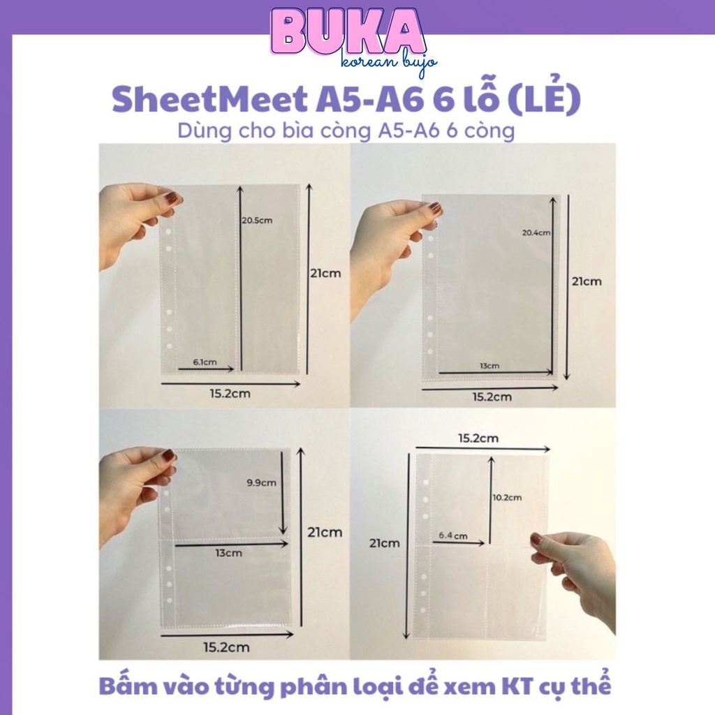 Pack 10 Sheet meet chứa ảnh Buka nhiều kích thước trong suốt 6 lỗ (CHƯA KÈM BÌA) đựng card cho binder combo 5 10 sheet