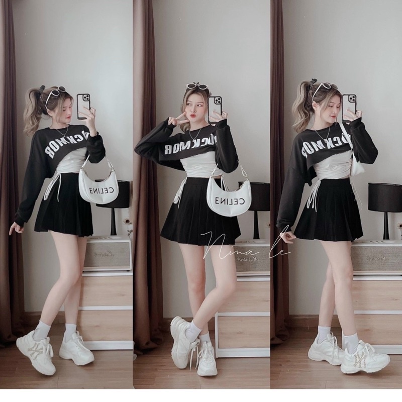 Sét áo 2 món NINALE áo dây rút bên trong đen trắng video tự quay