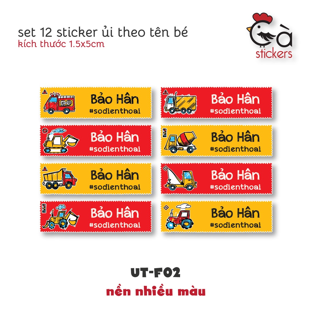 Sticker ủi áo in tên trẻ em GàStickers UT-F02 bộ 8 miếng kích thước 1,5 x 5 cm