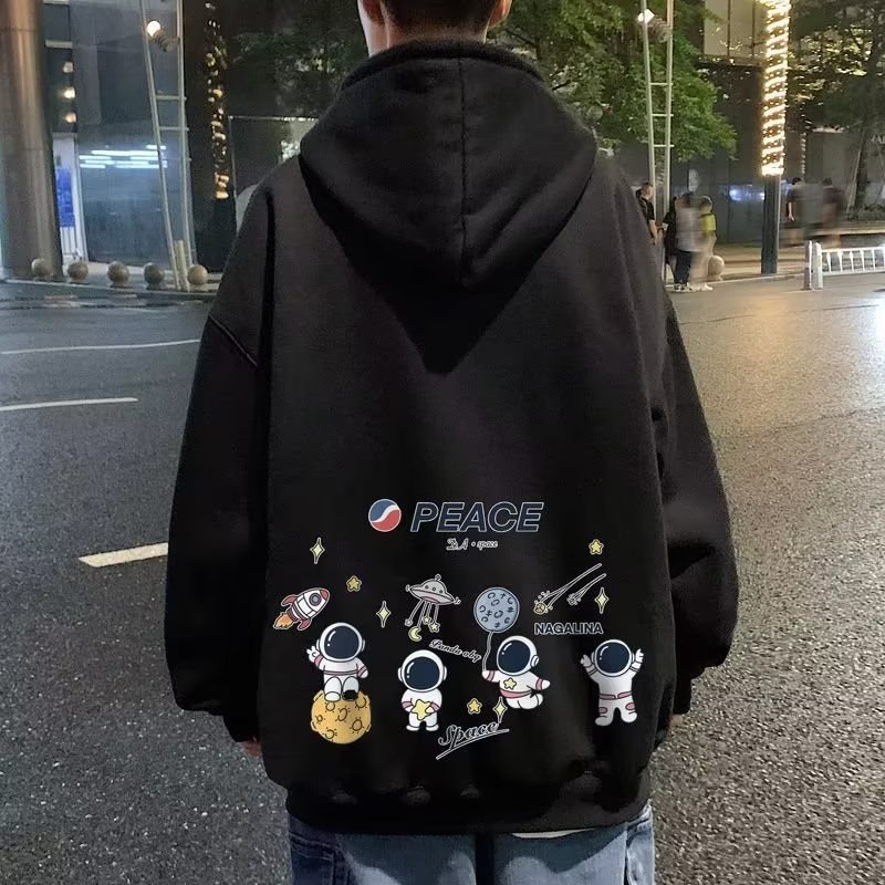 Áo Khoác Hoodie Cotton Dày Dặn Dáng Rộng In Hình Phi Hành Gia Hoạt Hình Thời Trang Cho Nam Size M-8XL
