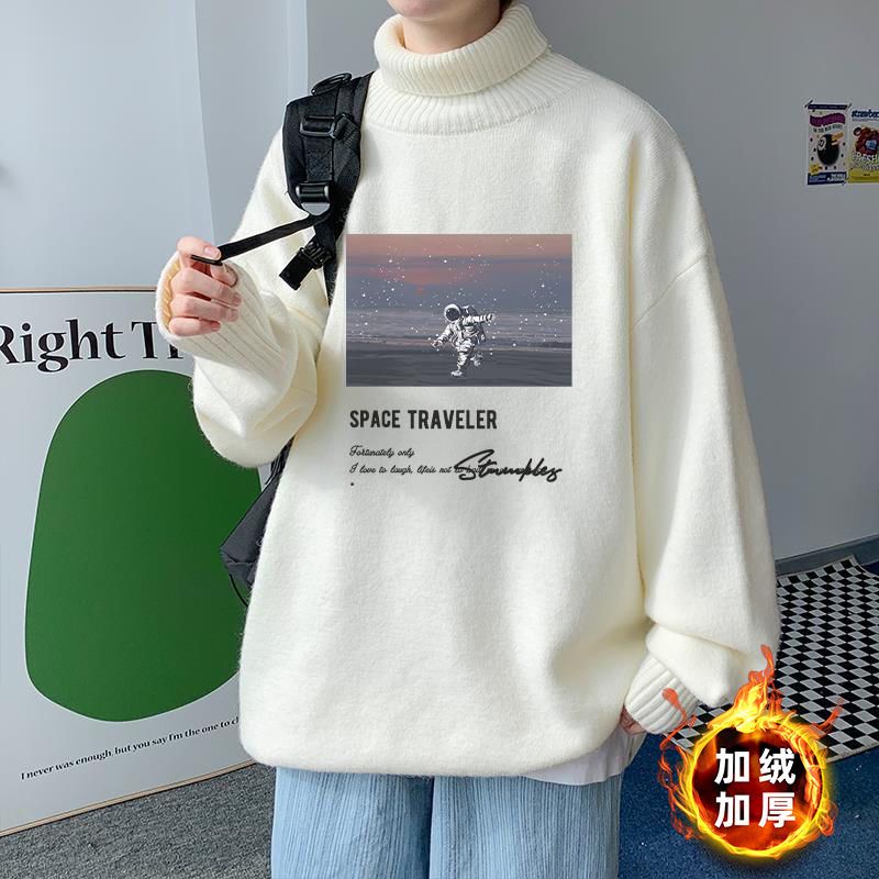 Hàng Mới Về Mới Áo Sweater Dệt Kim Cổ Lọ Lót Lông Cừu Dày Dặn Dáng Rộng Thời Trang Mùa Thu Cho Nam Sinh Trung Học