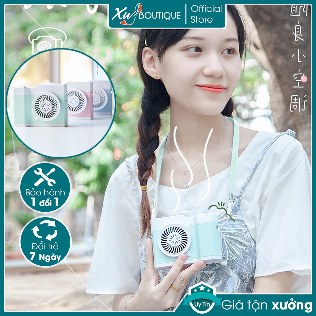 Quạt Cầm Tay Mini Tích Điện Hình Camera Dễ Thương Kèm Dây Đeo Cổ - Tặng Dây Sạc