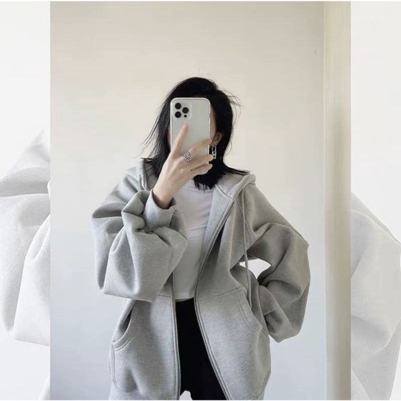Áo khoác nỉ nữ có dây kéo form rộng nón 2 lớp thời trang cao cấp, mẫu hoodie trơn tay phồng thời trang thu đông