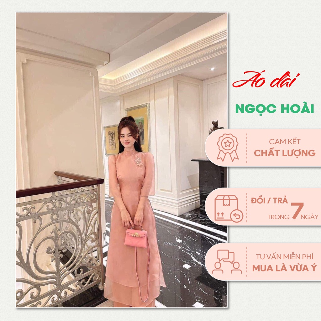 Áo Dài Cách Tân,Chất Liệu Vải Voan Tơ Sống Kết Hợp Lót Lụa, Màu Hồng Nâu Có Đinh Hạt Dễ Thương, Cam Kết Chuẩn Chất Lượng