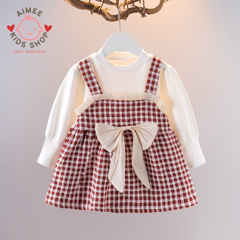 Váy nơ to bản chất dạ kẻ liền áo thun co dãn ấm áp trong mùa đông cho bé gái-V5