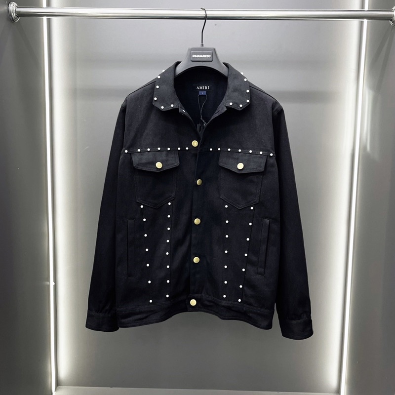 Áo khoác bò denim jacket Amiri nam đen phối tag ngọc viền cúc cài vàng phong cách đường phố