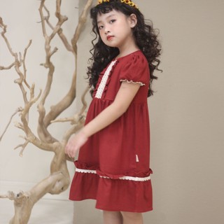 Váy bé gái đỏ ren Vintage ROLIA chất vải Linen mềm thoáng mát V28