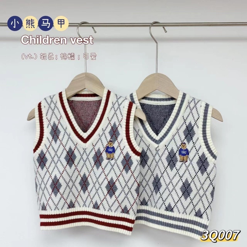 Áo gile len thêu gấu cho bé trai size từ 10-22 cân