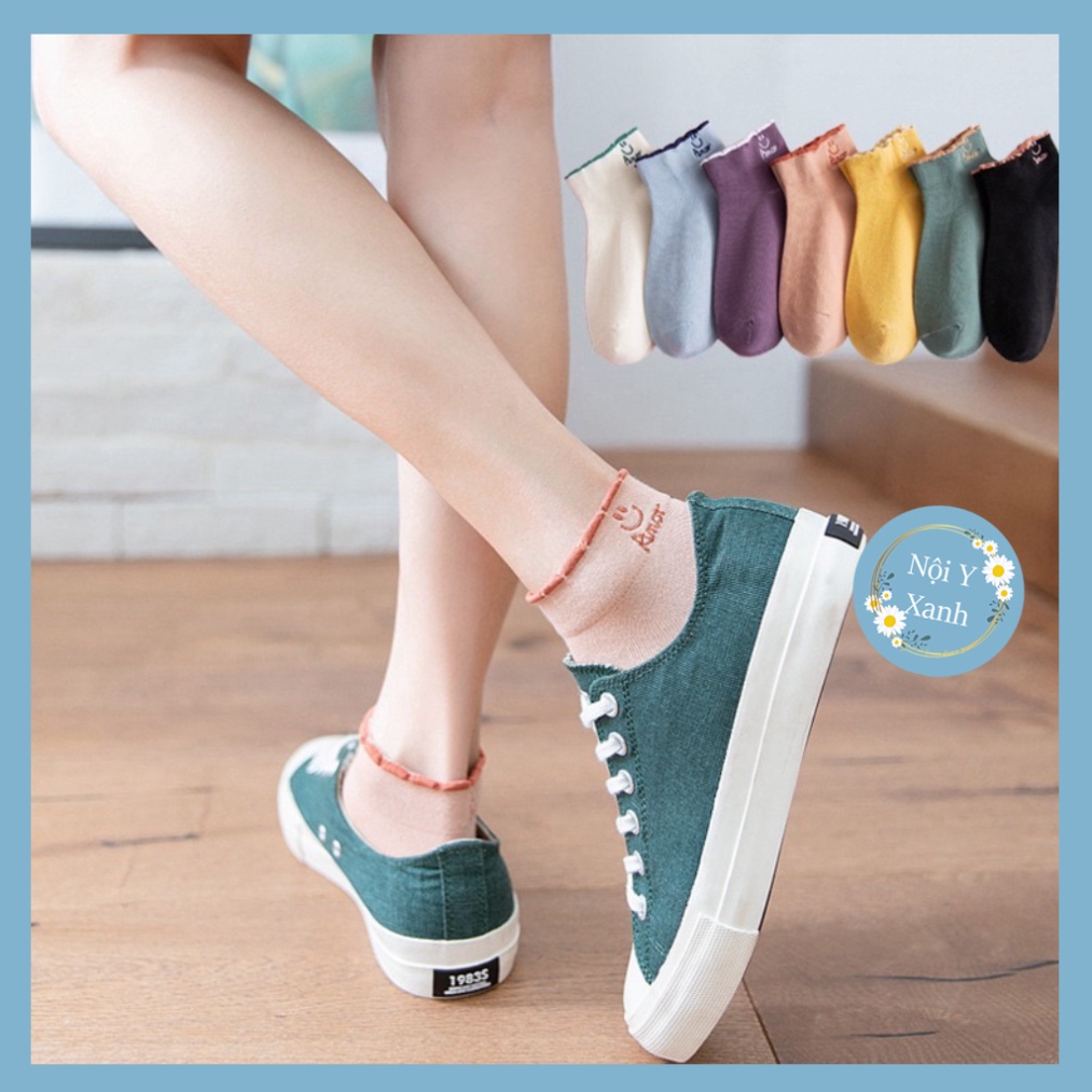 Tất Anor cổ ngắn nữ, vớ nữ mặt cười chất vải cotton co và giãn bốn chiều thoáng khí tt4 nội y xanh, chất ấm, thoáng khí