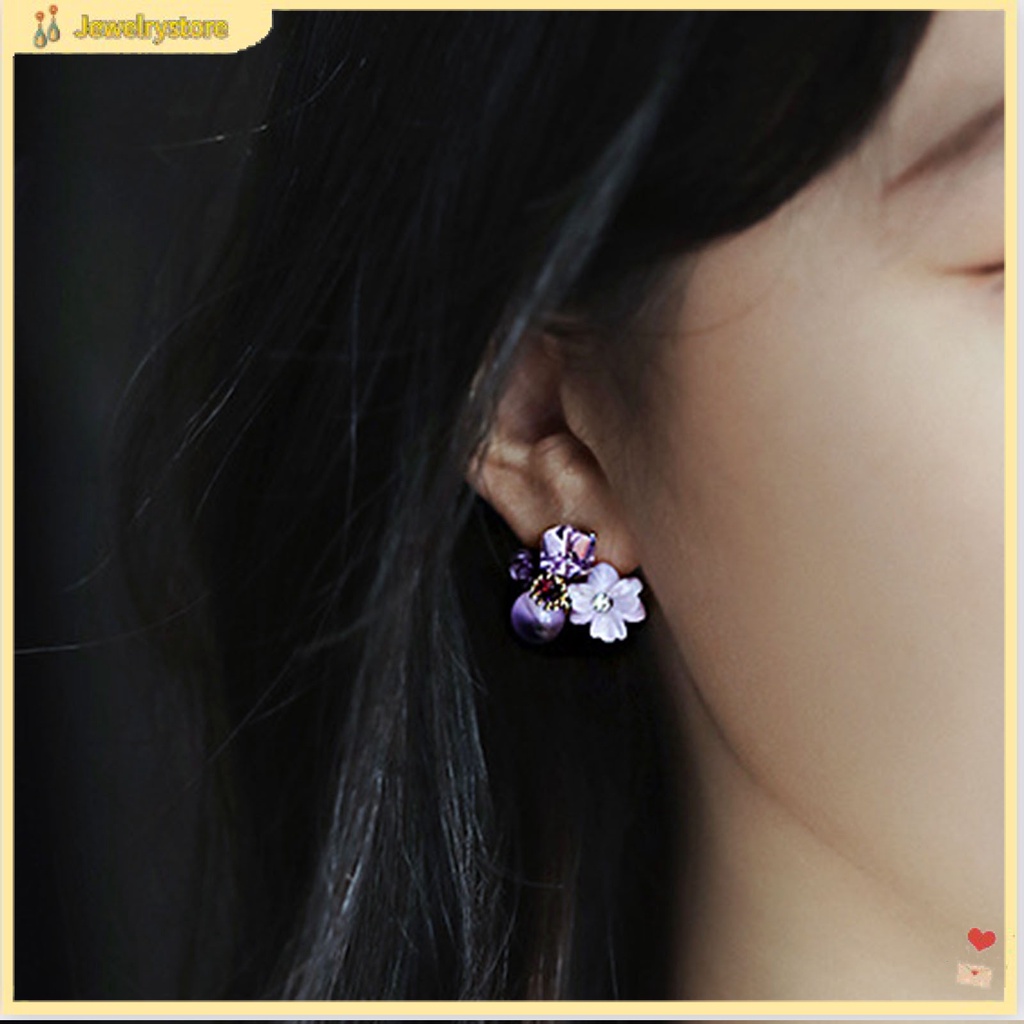 Đôi bông tai hình hoa đính đá màu tím dễ thương bắt mắt