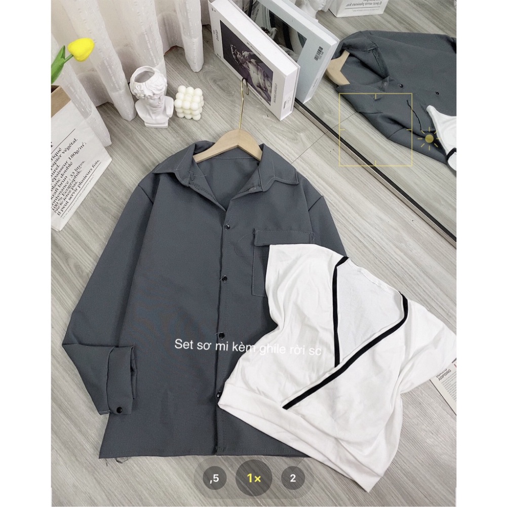 Set đồ áo sơ mi xám form rộng tay dài unisex và áo gile trắng viền đen phong cách trẻ trung thanh lịch