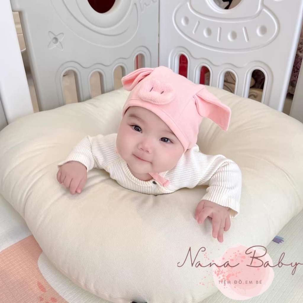 Mũ cho bé chất liệu cotton buộc dây hình heo hồng siêu dễ thương cho bé Nanababy MD154