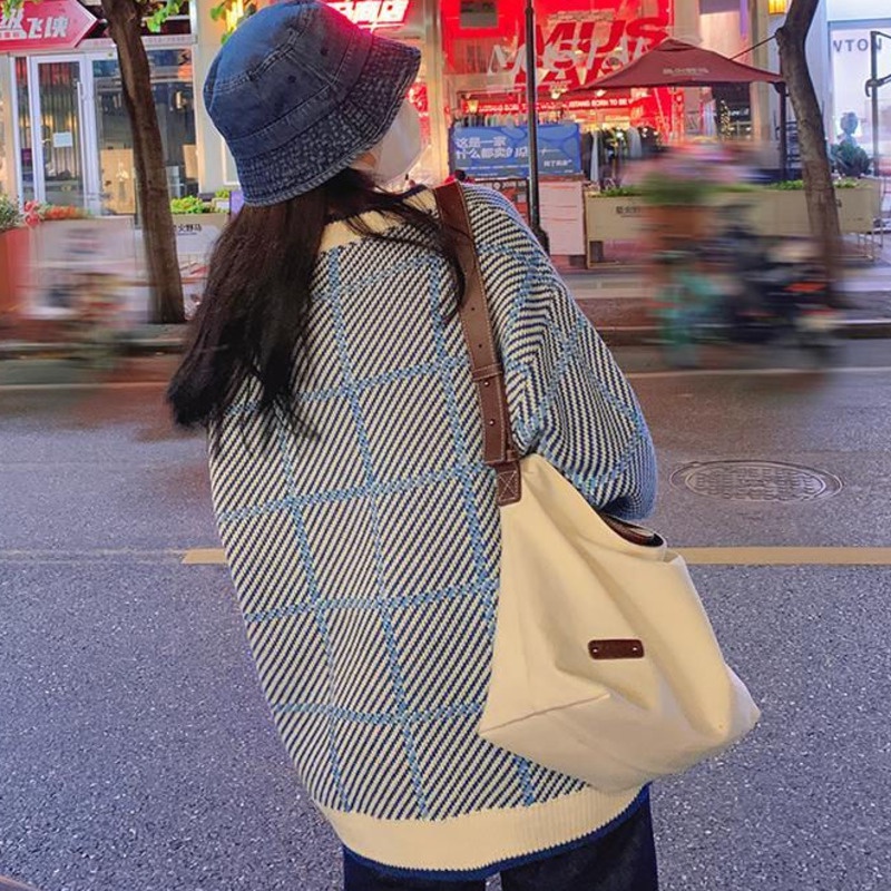 Áo Len Tay Dài Cổ Chữ v Họa Tiết Sọc Caro Màu Sắc Tương Phản Phong Cách Hàn Quốc Cho Nữ