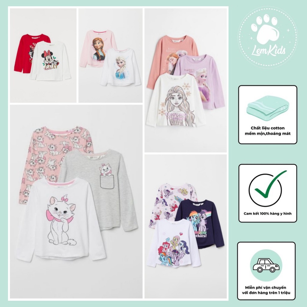 ÁO BÉ GÁI Áo Dài Tay Cotton Elsa/Mickey/Mèo Maria HM Các Mẫu 24040