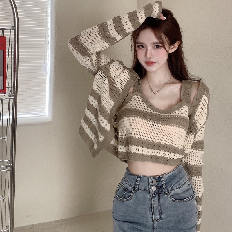 Set Áo Khoác cardigan Họa Tiết Kẻ Sọc Màu Tương Phản Và Áo Cộc Tay Thời Trang Hàn Quốc