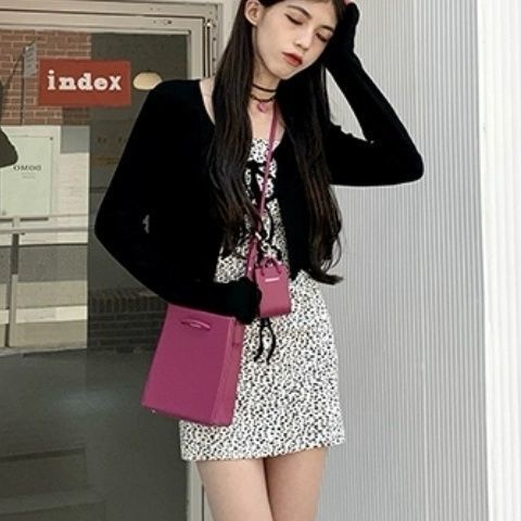 Jiashucheng Áo Khoác Cardigan Hai Dây Màu Đen Dáng Ngắn Chất Liệu Lụa Mỏng Cao Cấp Thời Trang Cho Nữ