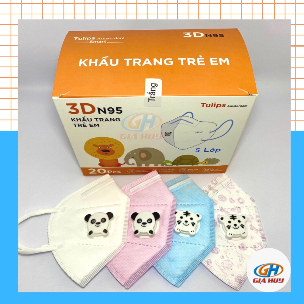 Khẩu trang cho bé Tulips 3D N95, 5 lớp lọc bụi siêu mịn PM2.5 có van thở