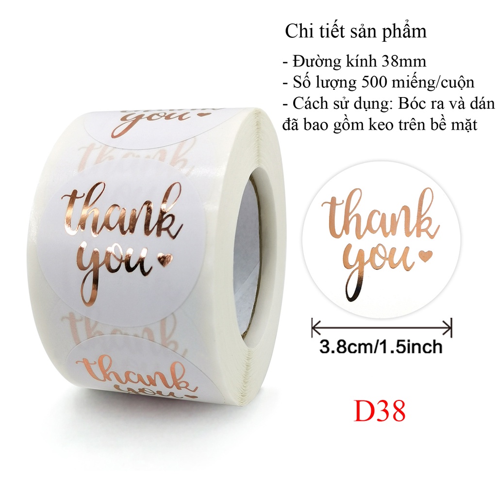Cuộn 500 miếng dán cám ơn chữ Thank you mạ vàng - Nhãn dán