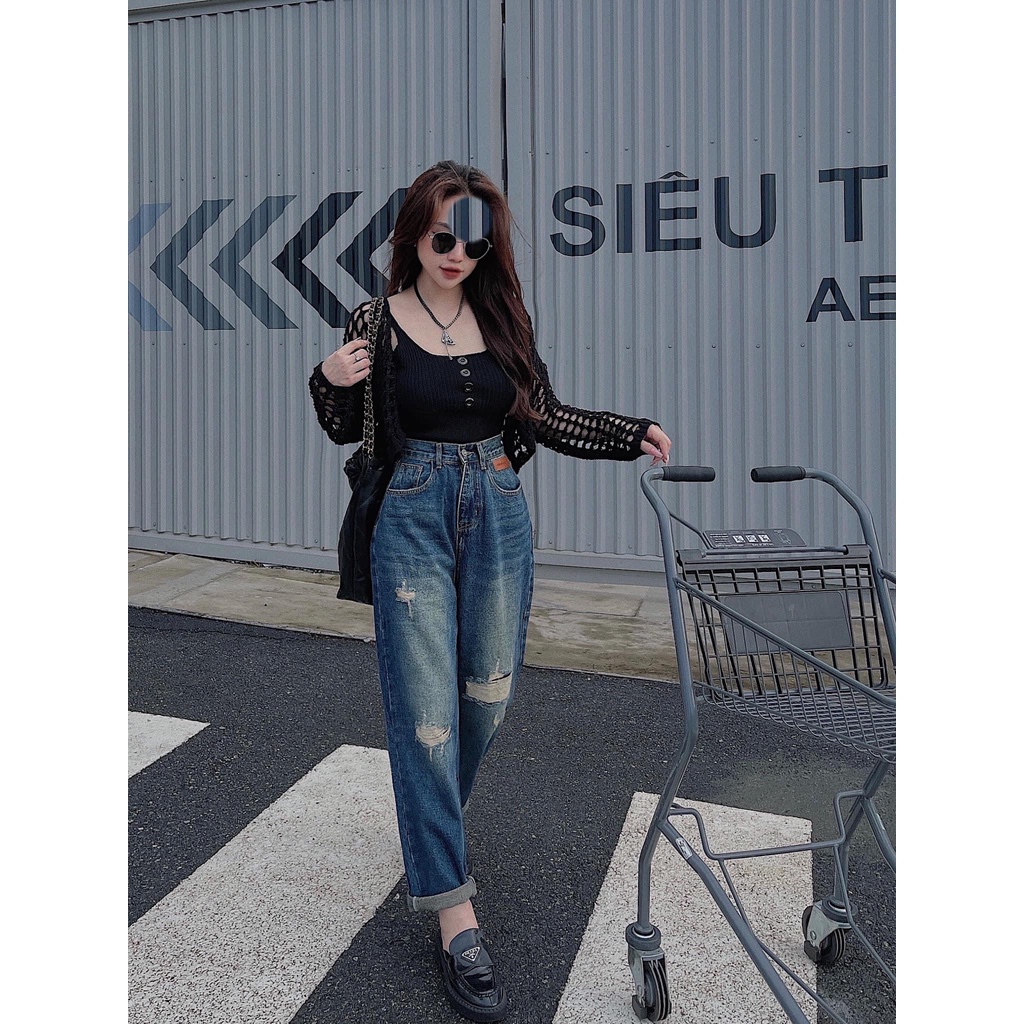 [BGDM291] QUẦN BAGGY JEANS NỮ LƯNG CAO RÁCH 2 MẢNG GỐI PHẢI 1 MẢNG GỐI TRÁI PHỐI MẠC DA MÀU XANH ĐẬM BỤI BẶM