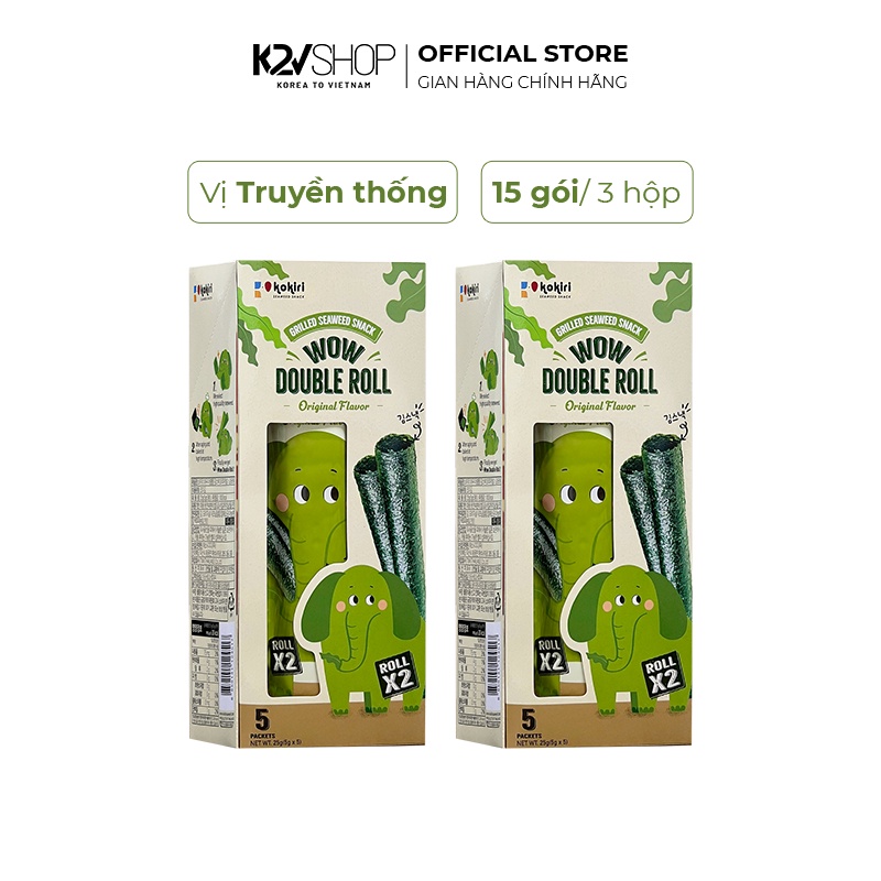 Snack Rong Biển Ăn Liền Con Voi Wow Double Roll Vị Truyền Thống, Vị Cay, Bơ Mật Ong (5 gói/hộp) - K2V Shop