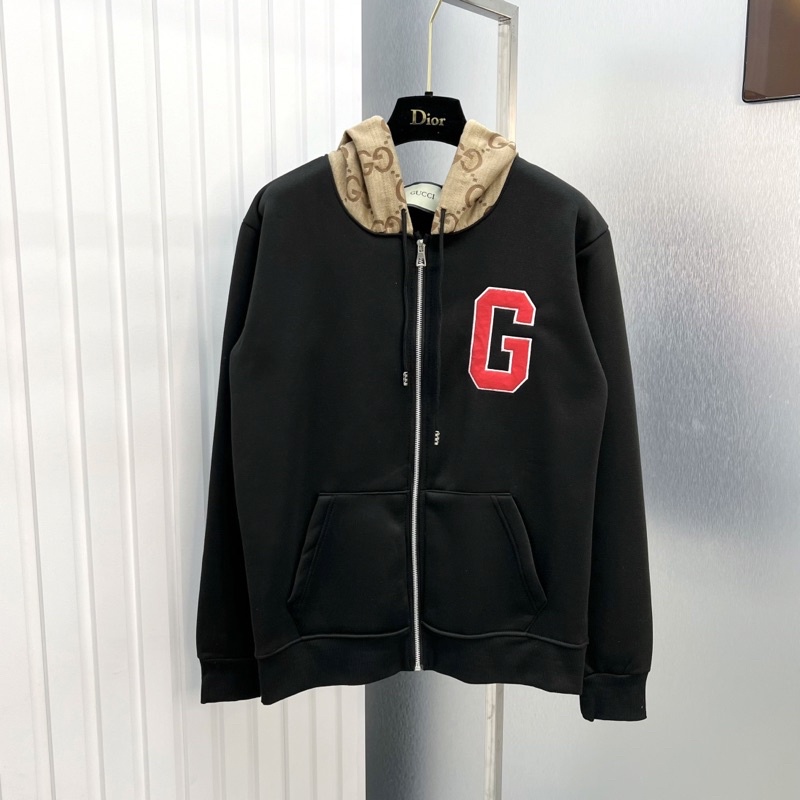 Áo khoác hoodie zip GC nam nữ mũ bò nâu dệt chữ xích chéo monogram phối thêu chữ G đỏ ngực siêu đẹp