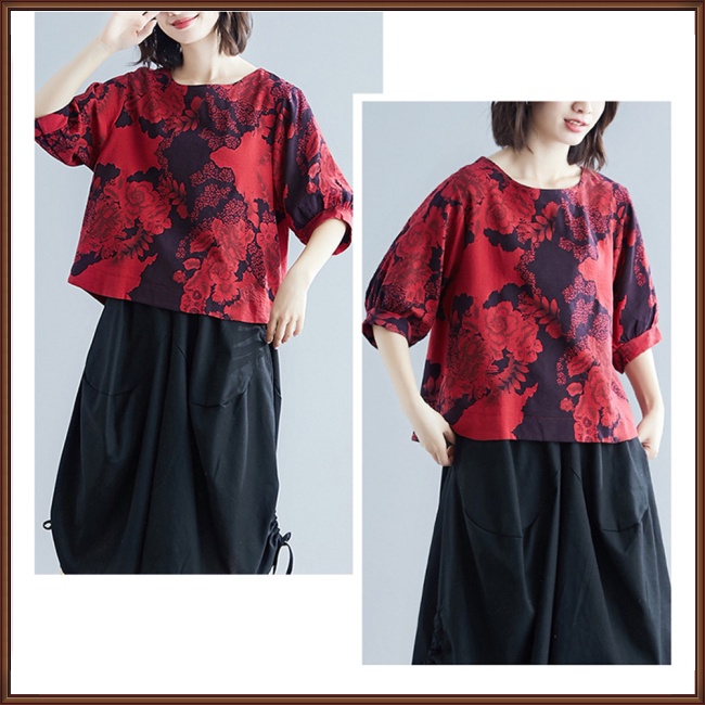 Áo Thun Tay Lửng Dáng Rộng In Hoa Phong Cách Dân Tộc Cổ Điển Dành Cho Nữ