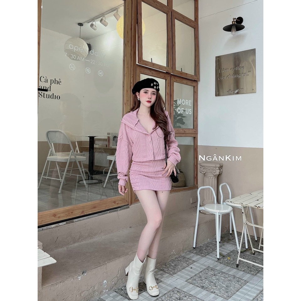 [11.11 Sale Freeship] Set bộ đồ nữ,set áo dài tay có mũ mix chân váy chữ A ôm,set hai món chất len ren cá tính tiểu thư