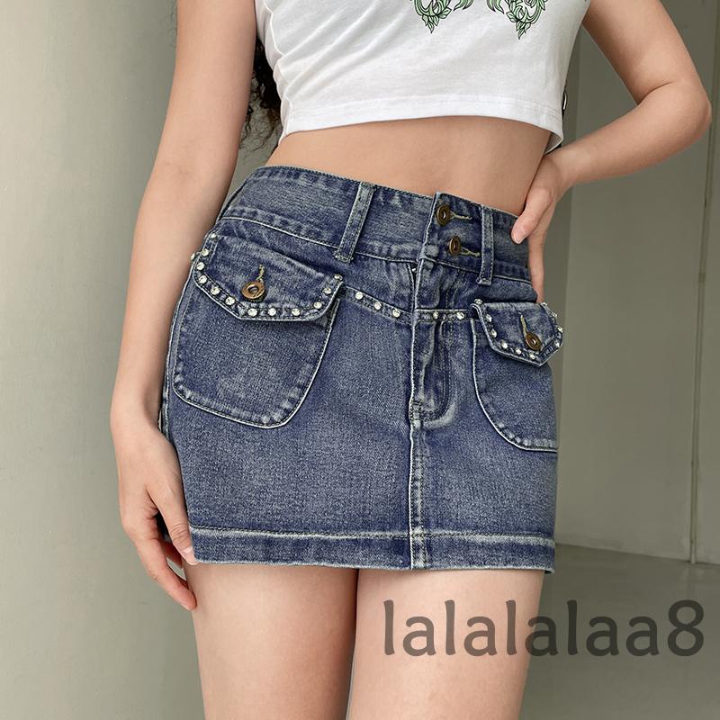 Chân Váy Jean Ngắn Lưng Cao Đính Đá Thời Trang LAA8