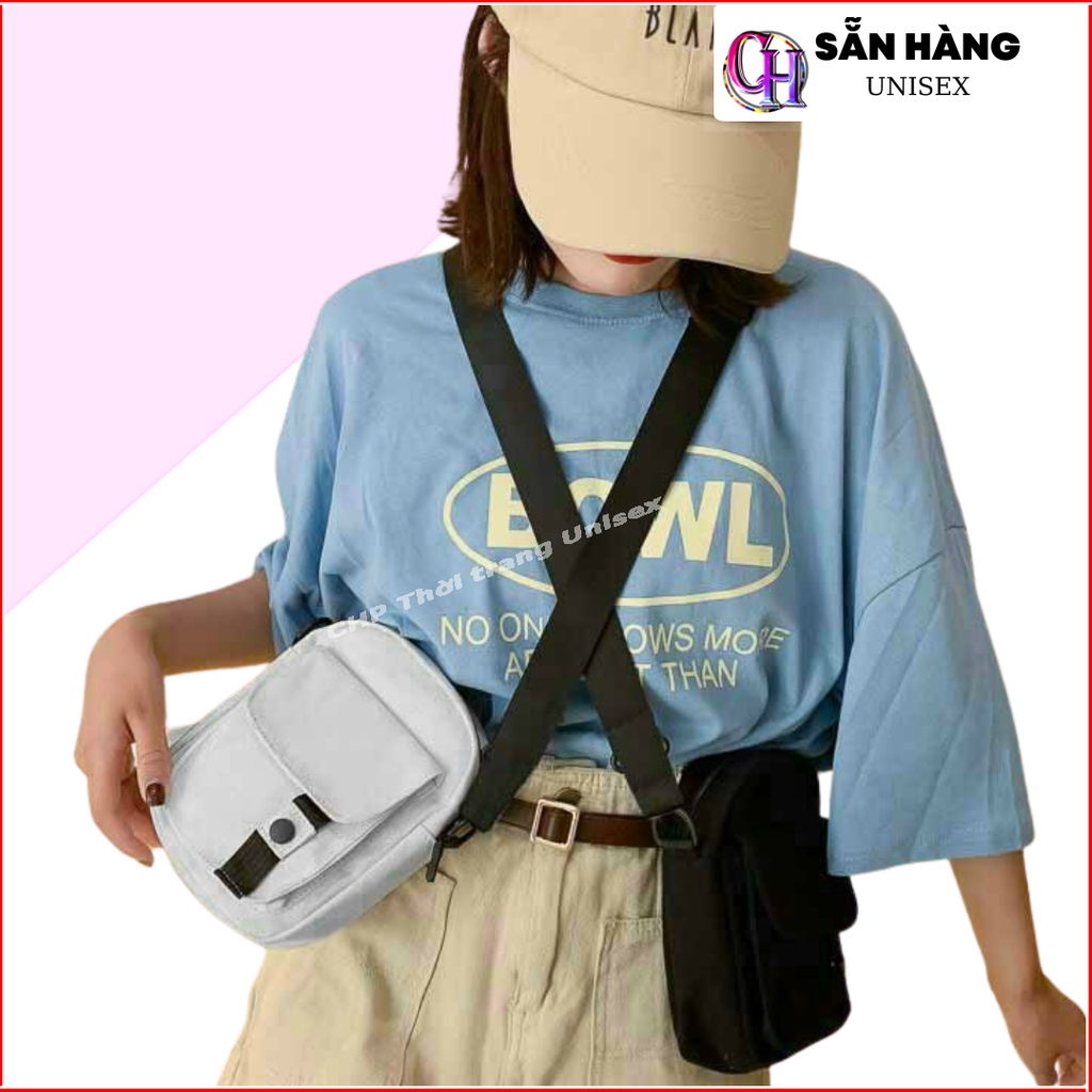 Túi đeo chéo bao tử chất liệu vải kaki nam nữ phong cách đường phố đựng đồ nhỏ gọn in chữ pink