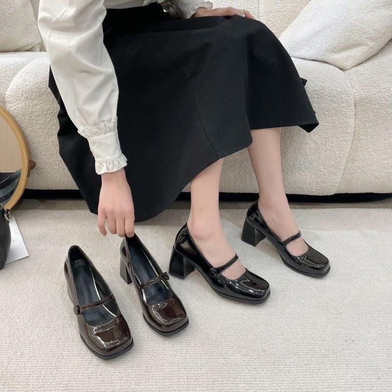 Giày cao gót mary jane đế vintage da bóng, cao 6cm