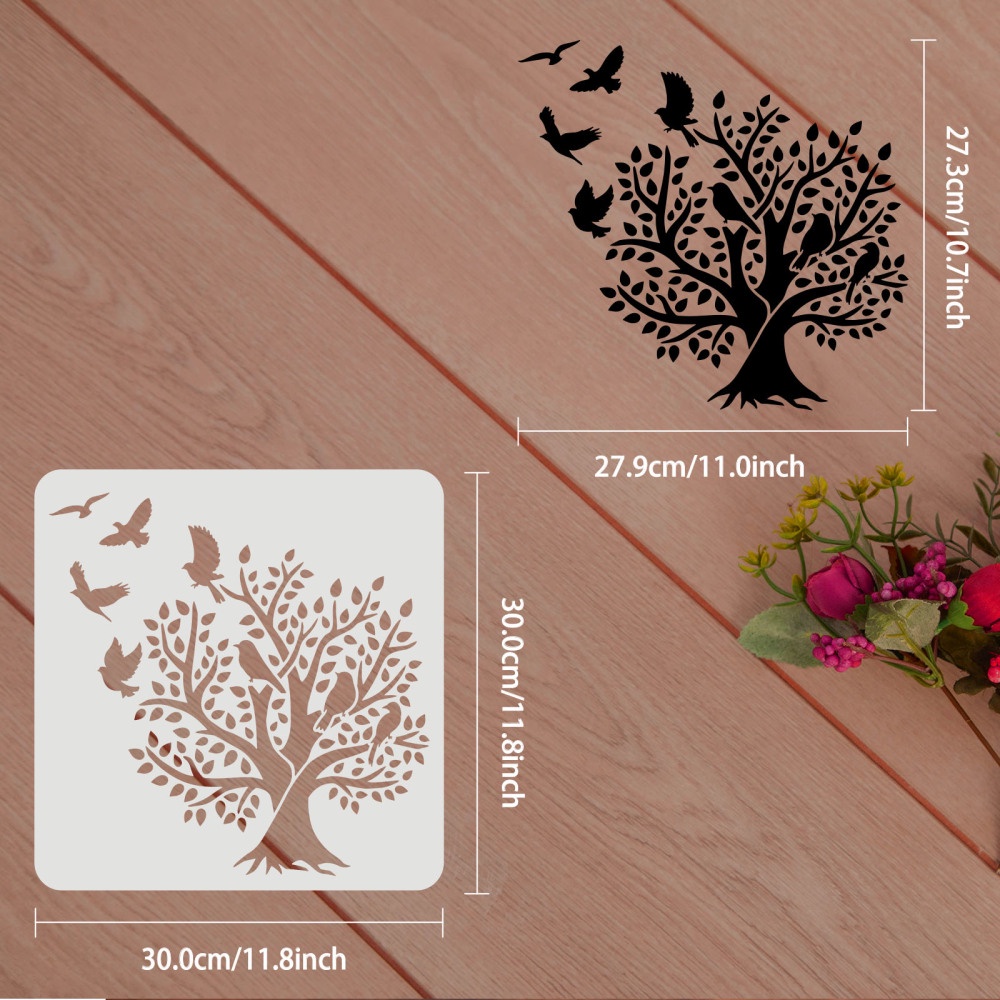 1 Tấm Khuôn Vẽ Tranh Hình Cây Sự Sống Và Chim 30x30cm DIY Có Thể Tái Sử Dụng