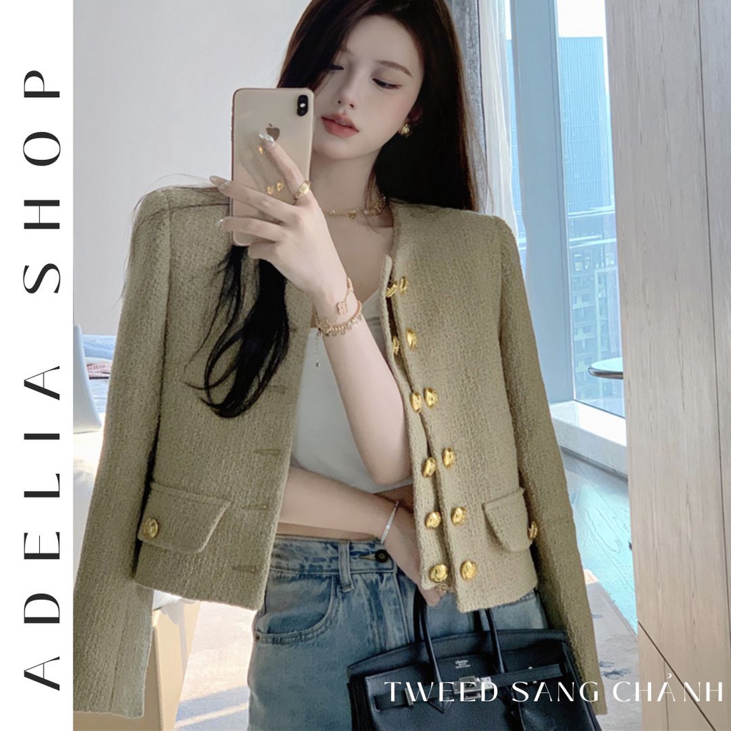 「ADELIA」Áo Dạ Tweed DT5 Dáng Ngắn Cổ Tròn Phối Cúc Ngọc Sang Chảnh Phong Cách Tiểu Thư Pháp