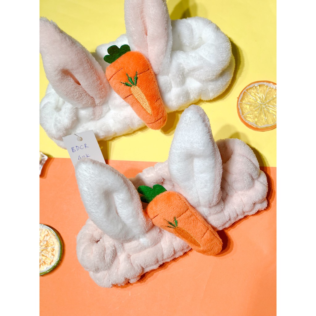 Băng Đô Rửa Mặt Tai Thỏ Carot 3D Bờm Rửa Mặt Vải Bông Nhung Xù