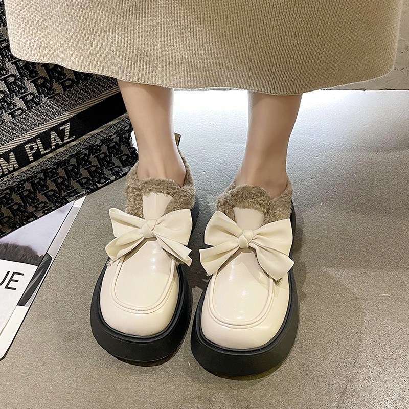 Giày Da Lót Lông Cừu Mũi Tròn Phong Cách Anh Quốc Thời Trang Cho Nữ