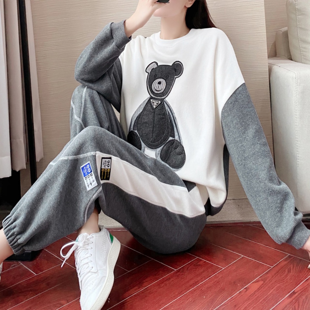 Bộ Thể Thao Nữ - áo nỉ nữ thu đông dài tay kèm quần Vải nỉ da cá dày, Viền cẩn thận Hình ép 5d sịn sò đáng yêu HK shop97