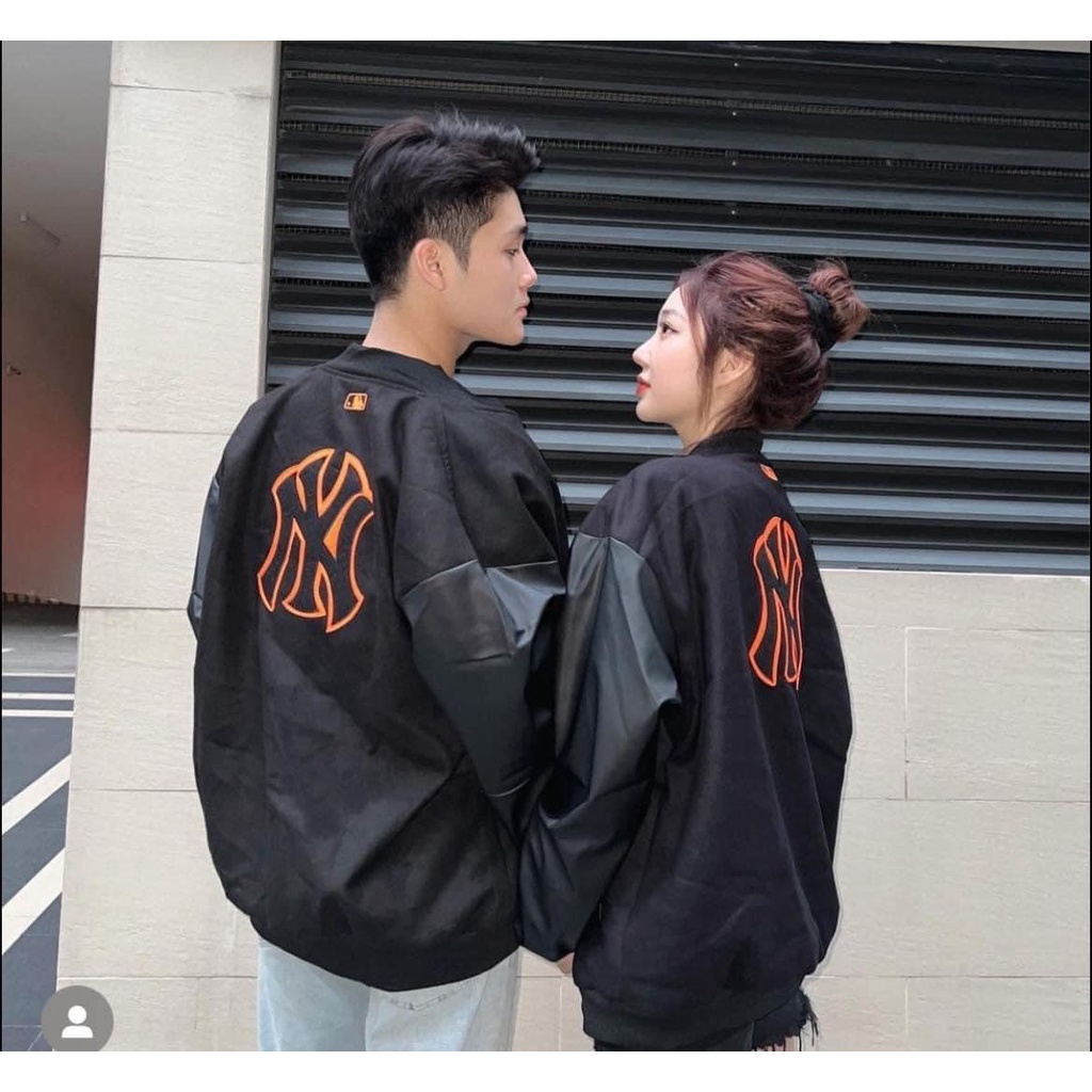 Áo khoác Bomber Varsity M.L.B Ny Thêu Logo Cam form rộng Phối Tay Da
