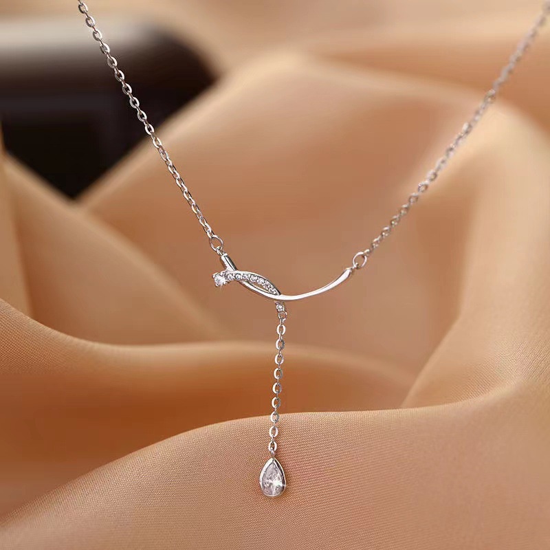 Vòng cổ Mạ Bạc 925 Mặt Hình Giọt Nước Đính Đá Zircon Sang Trọng Cho Nữ