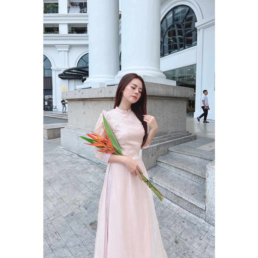 Áo dài cách tân Hạ vũ chất liệu oganza màu xanh bạc hà thiết kế mẫu mới nhất năm 2022 MS 03