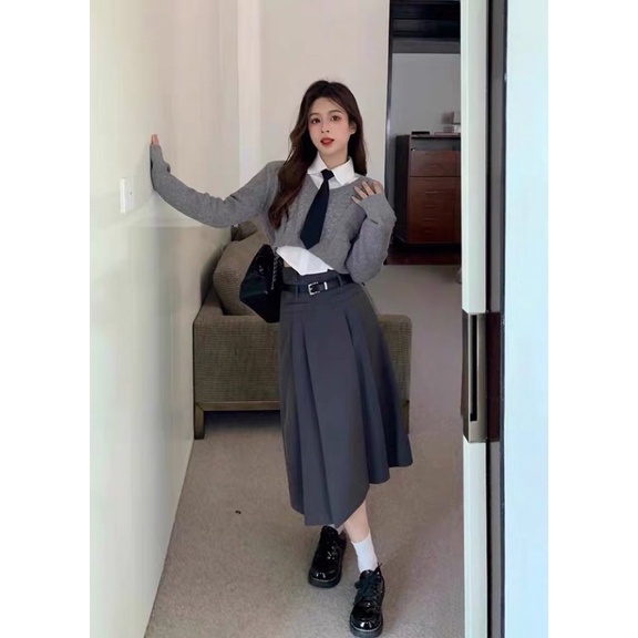 Set áo sơmi kèm cà vạt+áo len xám croptop