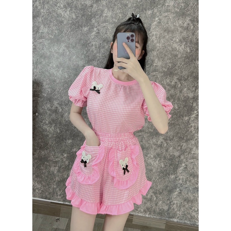 [11.11 Sale Freeship] Set bộ đùi nữ,áo cổ tròn sọc caro áo voan tay bồng thêu hình thỏ kèm quần cộc ngắn viền ren có túi