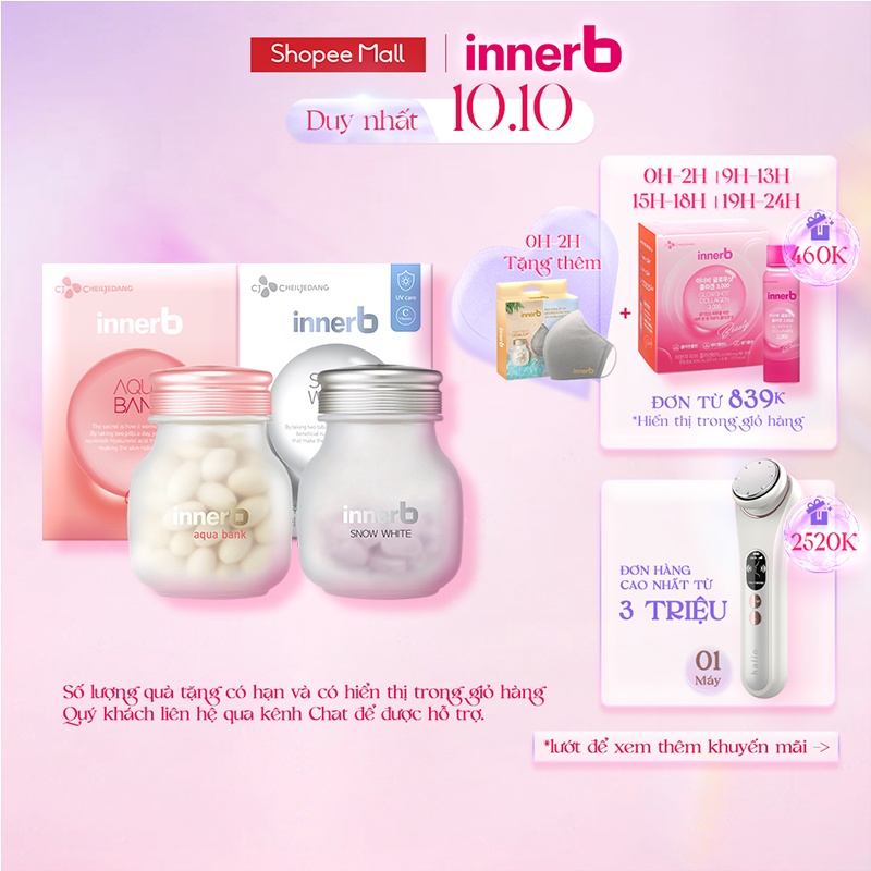 Bộ đôi thực phẩm bảo vệ sức khỏe InnerB Aqua Bank (giữ ẩm cho da) 56 viên và InnerB Snow White 56 viên