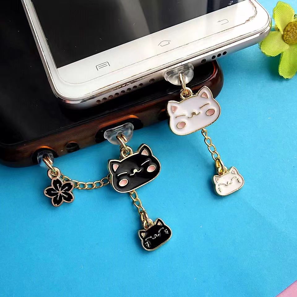 cute dây đeo điện thoại Hình Mèo Hoa anh đào nút bịt cổng sạc điện thoại dễ thương chống bụi móc khóa iphone samsung oppo type c Phụ Kiện Trang Trí