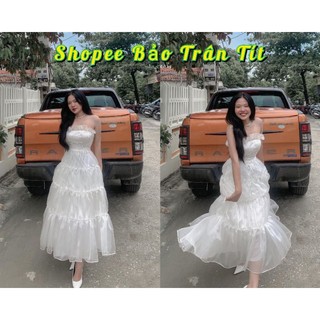 Đầm maxi voan ống trắng ngực xếp