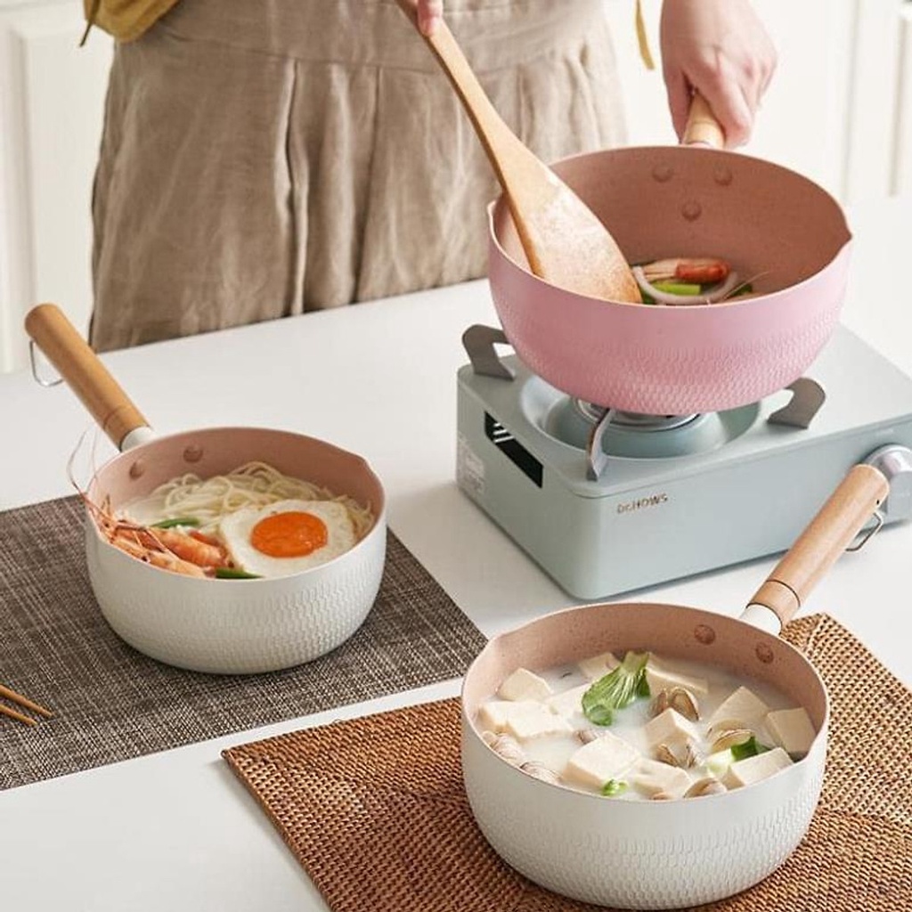 Chảo Chống Dính Sâu Lòng Bếp Từ Bếp Gas Đa Năng Size 18cm Lúa Mạch Cán Gỗ Nồi Nấu Mì Đáy Từ Vân Tổ Ong Màu Pastel