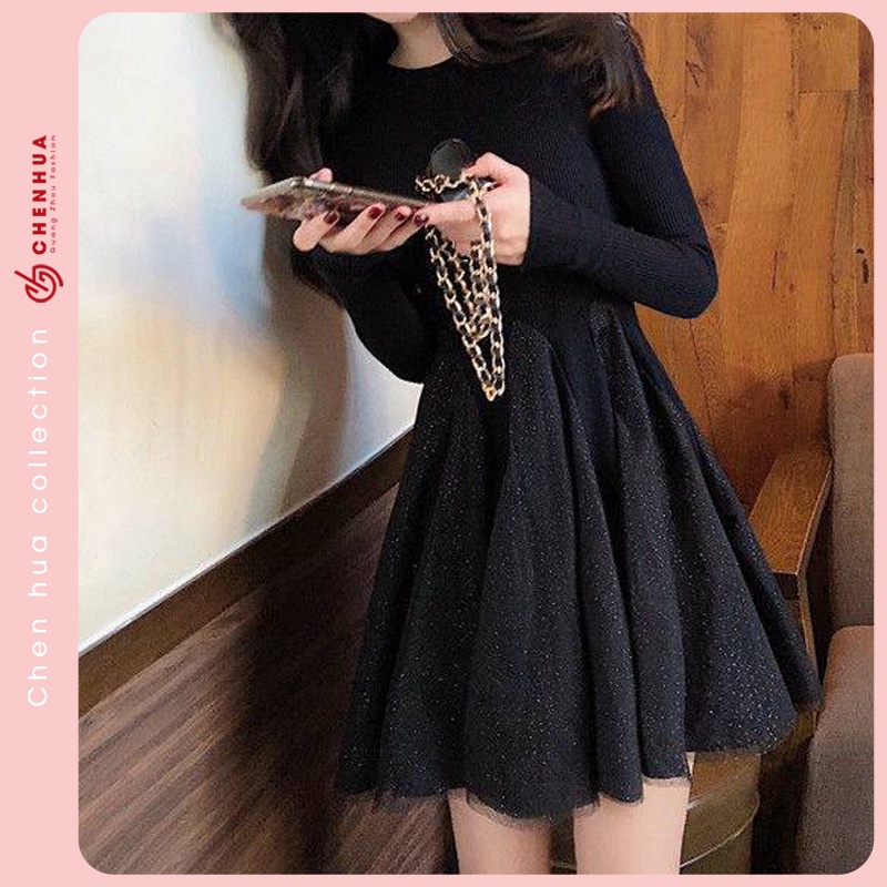 Váy len dài tay ChenHua đầm len nữ dáng ngắn chất len dày dặn đẹp VT13