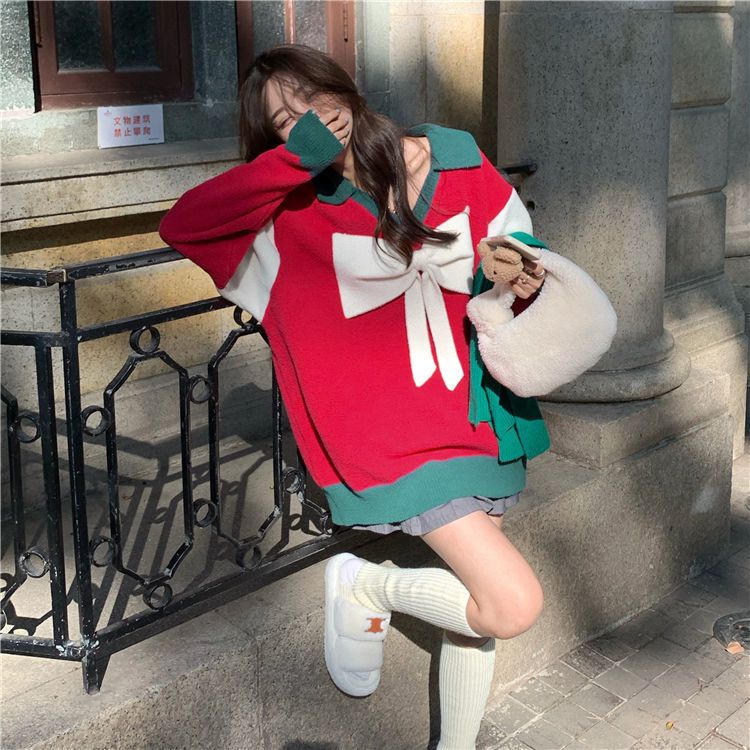 Áo Sweater Màu Đỏ Phong Cách Hàn Quốc Thời Trang Thu Đông Cho Nữ